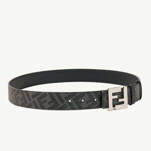 Fendi Reversible FF Black Leather & Monogram Canvas Logo-Buckle Belt